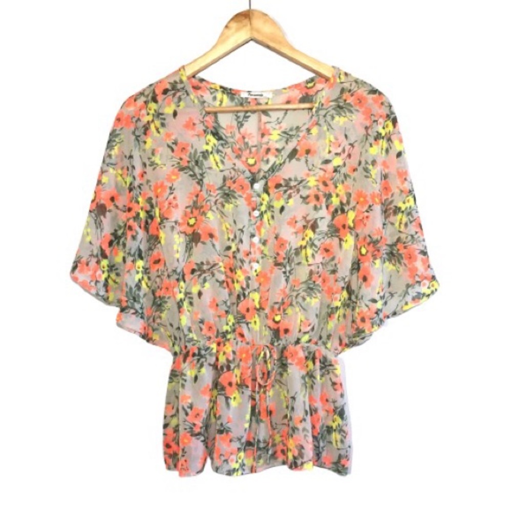 Caramela Flutter-Sleeve Floral Button-Down Blouse
